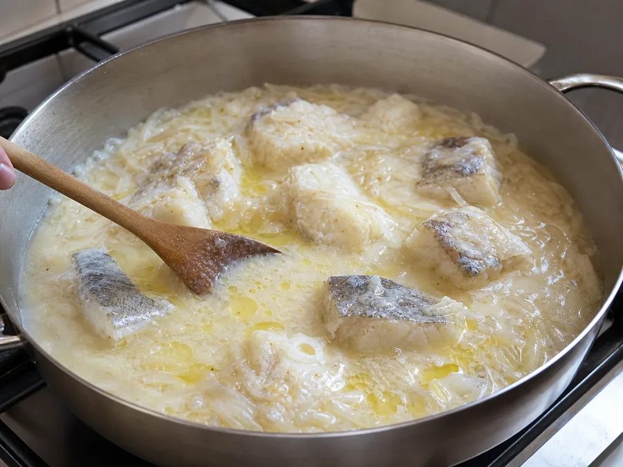 Баккала по-виченце: фото процесса приготовления — следите, чтобы крупные кусочки сохранили форму, а соус или соки распределились равномерно