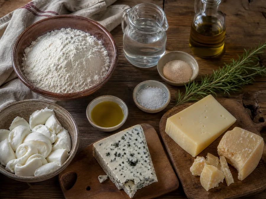 Фокачча с начинкой: четыре сыра | Фото подпункта 1 | Viva Cucina Фокачча с начинкой: четыре сыра: фото процесса приготовления — разложите Мука тип 00, Дрожжи сухие, Вода тёплая, Каперсы, соль, масло, специи и нужную посуду так, чтобы всё было под рукой до начала готовки