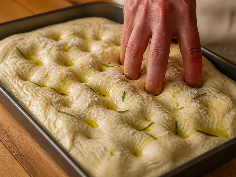 Фокачча с начинкой: четыре сыра | Фото подпункта 12 | Viva Cucina Фокачча с начинкой: четыре сыра: фото процесса приготовления — перед выпечкой проверьте, что поверхность покрыта равномерно и заготовка легко перенесётся в духовку