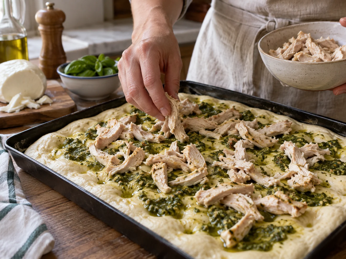 Фокачча с начинкой: курица и песто: фото процесса приготовления — проверьте промежуточный вкус и состояние продукта перед переходом к финальной сборке