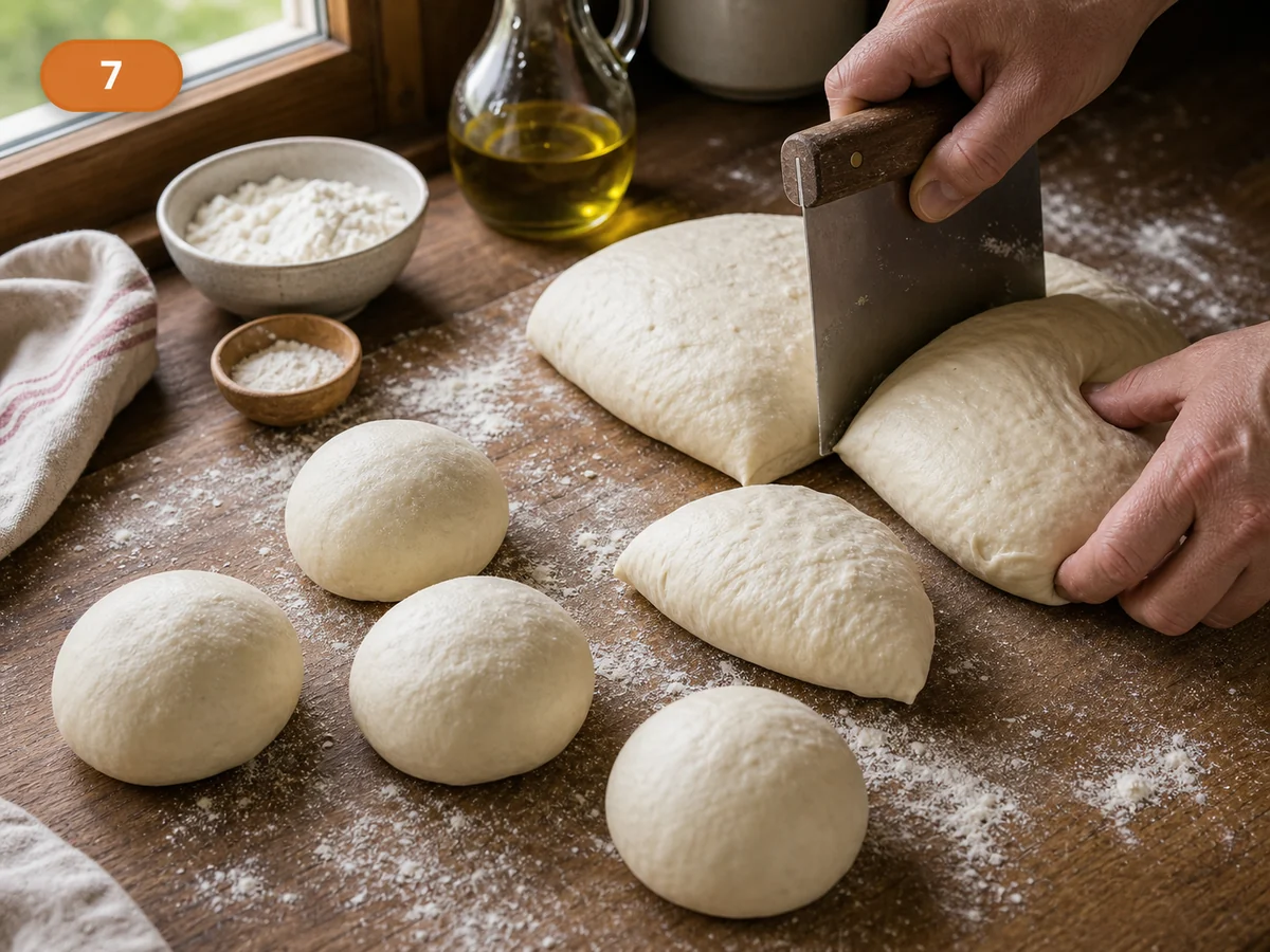 Кальцоне: фото процесса приготовления — разделите поднявшееся тесто на порции и сформируйте гладкие шарики