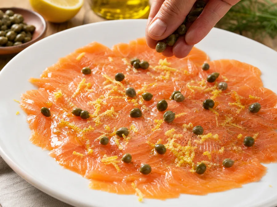 Карпаччо из лосося | Фото подпункта 12 | Viva Cucina Карпаччо из лосося: фото процесса приготовления — перед финалом ещё раз проверьте баланс соли, влажности и температуры