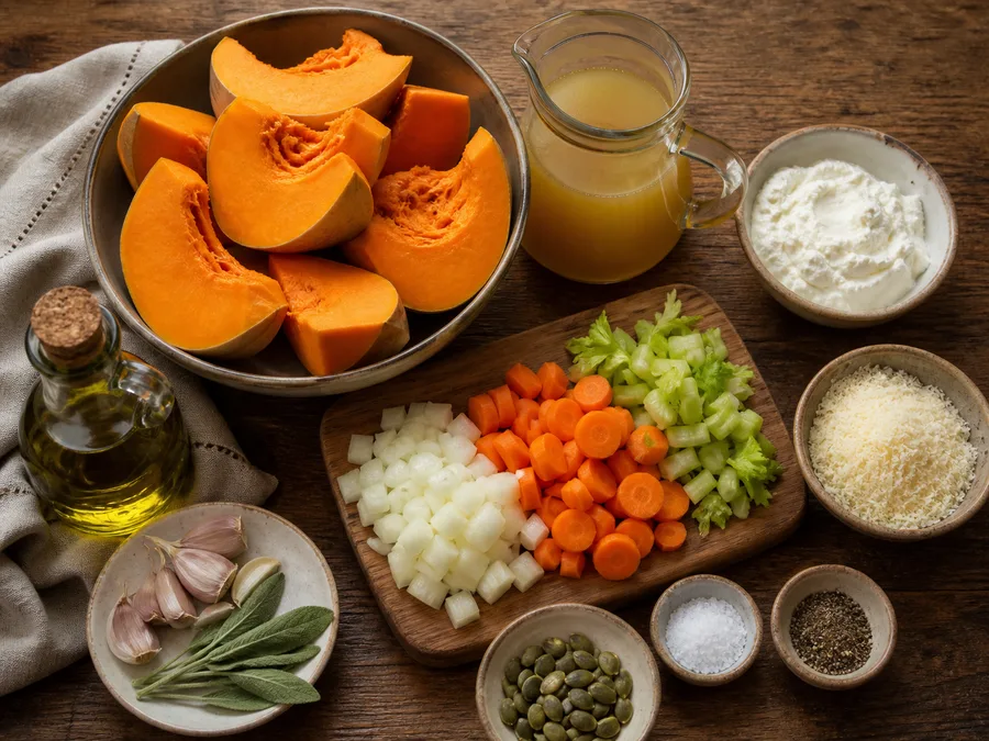 Крем-суп из тыквы по-итальянски | Фото подпункта 1 | Viva Cucina Крем-суп из тыквы по-итальянски: фото процесса приготовления — разложите Вода или бульон, Лук репчатый, Морковь, Стебель сельдерея, соль, масло, специи и нужную посуду так, чтобы всё было под рукой до начала готовки