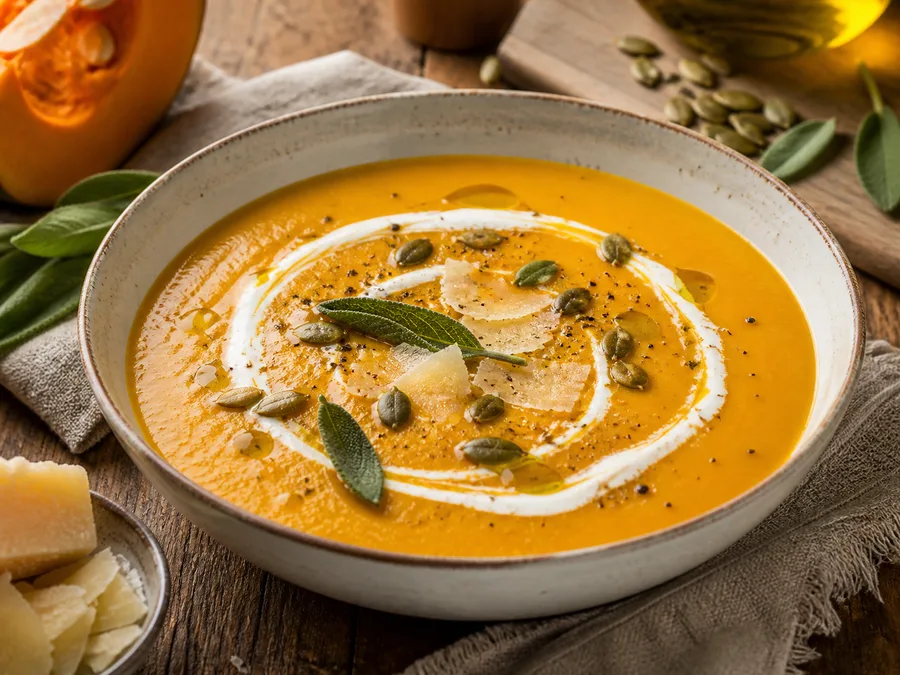 Крем-суп из тыквы по-итальянски | Фото подпункта 15 | Viva Cucina Крем-суп из тыквы по-итальянски: фото процесса приготовления — подавайте сразу или после короткого отдыха, когда блюдо выглядит собранным и аккуратным