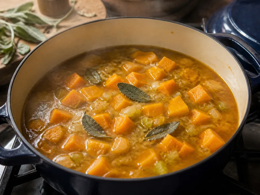 Крем-суп из тыквы по-итальянски | Фото подпункта 8 | Viva Cucina Крем-суп из тыквы по-итальянски: фото процесса приготовления — помешивайте и контролируйте густоту, чтобы вкус концентрировался без пригорания