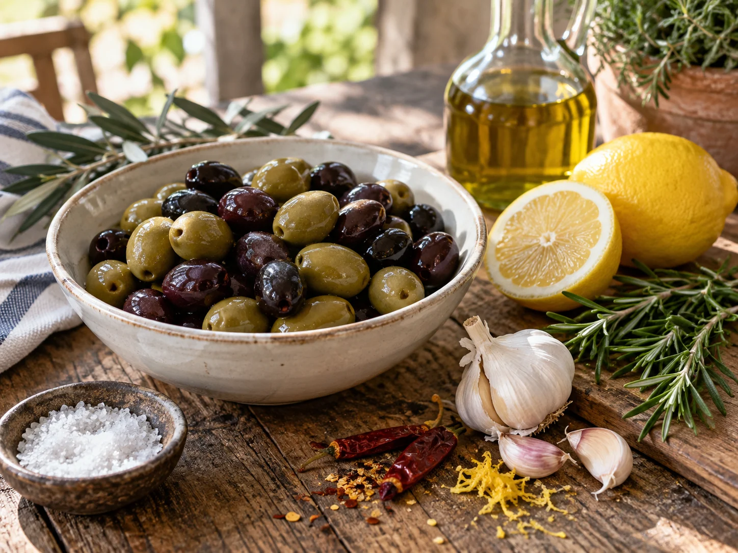 Маринованные оливки с травами | Фото подпункта 1 | Viva Cucina Маринованные оливки с травами: фото процесса приготовления — разложите Оливки зелёные и чёрные без косточек, Оливковое масло extra vergine, Лимон, Розмарин, соль, масло, специи и нужную посуду так, чтобы всё было под рукой до начала готовки