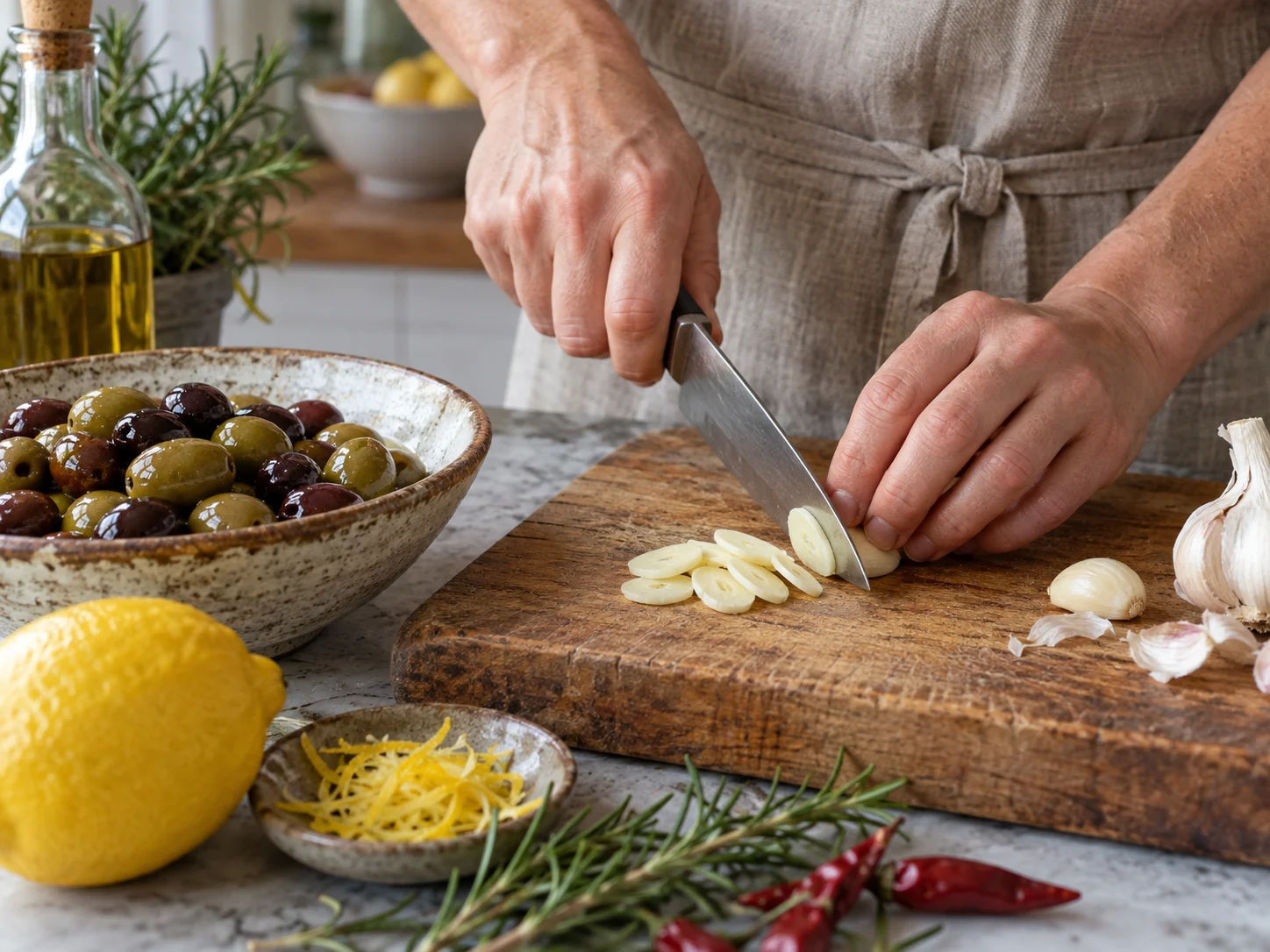 Маринованные оливки с травами | Фото подпункта 3 | Viva Cucina Маринованные оливки с травами: фото процесса приготовления — нарежьте, отмерьте и подготовьте ингредиенты для первого активного этапа, чтобы дальше работать без пауз