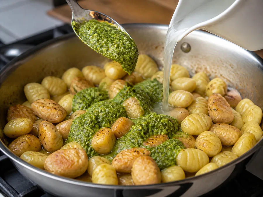 Ньокки с курицей и песто | Фото подпункта 12 | Viva Cucina Ньокки с курицей и песто: фото процесса приготовления — доведите блюдо до единой сочной текстуры, не перегревая нежные ингредиенты