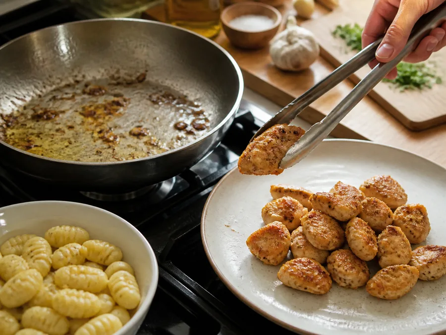 Ньокки с курицей и песто | Фото подпункта 5 | Viva Cucina Ньокки с курицей и песто: фото процесса приготовления — готовьте главный компонент этого этапа на умеренном огне, добиваясь вкуса, но не пересушивая его