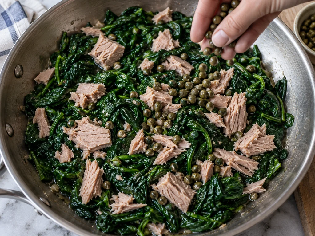 Орзо с шпинатом и соусом из тунца и каперсов: фото процесса приготовления — всыпьте промытые каперсы и осторожно перемешайте
