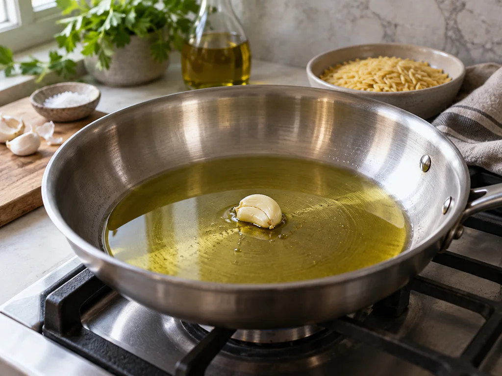 Орзо с шпинатом и соусом из тунца и каперсов: фото процесса приготовления — прогрейте раздавленный зубчик чеснока в оливковом масле на умеренном огне