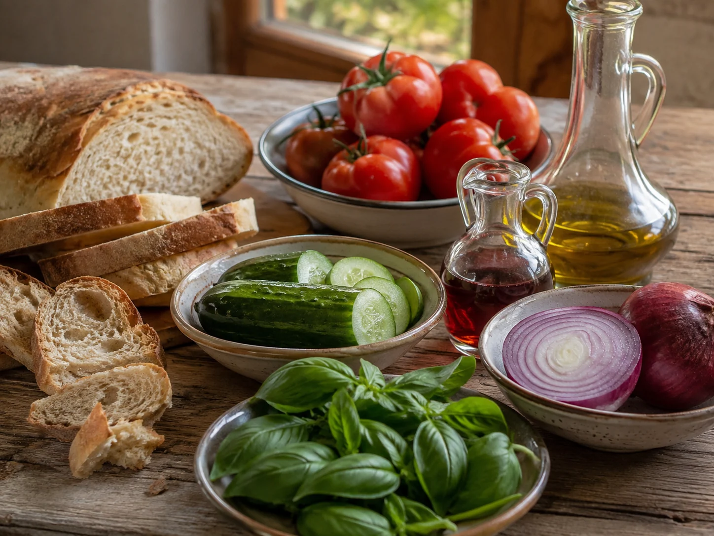 Панцанелла (хлебный салат) | Фото подпункта 1 | Viva Cucina Панцанелла (хлебный салат): фото процесса приготовления — разложите Основной продукт, Оливковое масло extra vergine, Соль и перец, Оливки без косточек, соль, масло, специи и нужную посуду так, чтобы всё было под рукой до начала готовки