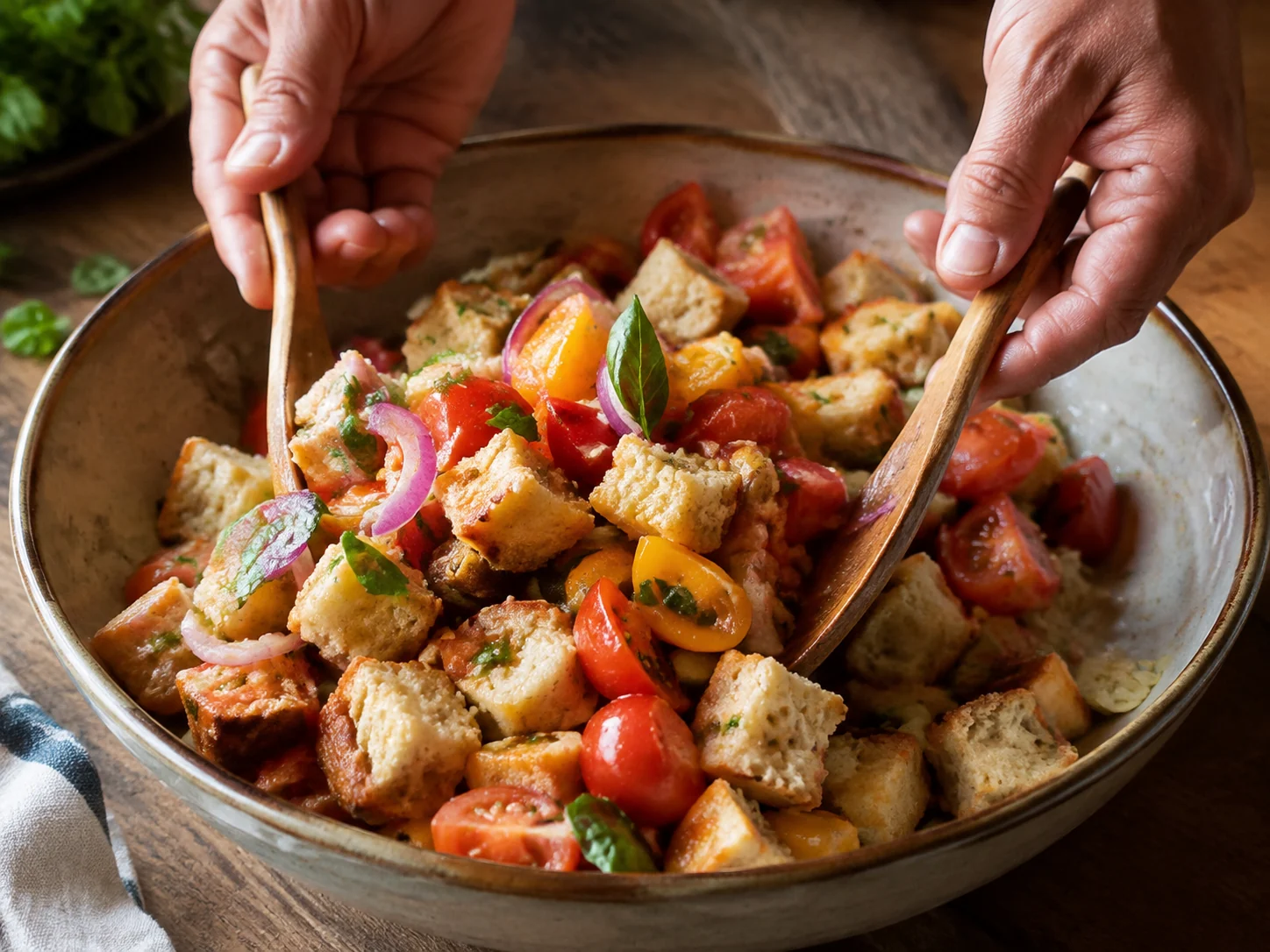 Панцанелла (хлебный салат) | Фото подпункта 12 | Viva Cucina Панцанелла (хлебный салат): фото процесса приготовления — перед финалом ещё раз проверьте баланс соли, влажности и температуры
