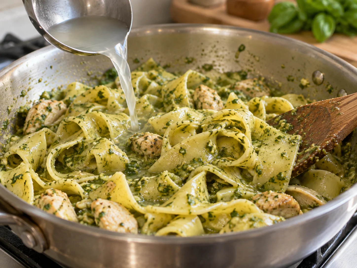 Паппарделле с курицей и песто | Фото подпункта 13 | Viva Cucina Паппарделле с курицей и песто: фото процесса приготовления — доведите блюдо до финальной текстуры и снимите с огня или достаньте из духовки вовремя