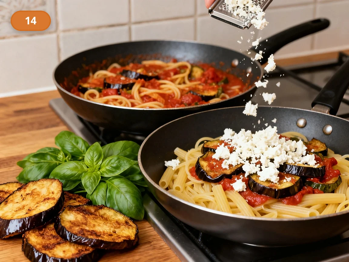 Паста алла Норма: фото процесса приготовления — натрите ricotta salata и подготовьте оставшиеся баклажаны и базилик для подачи