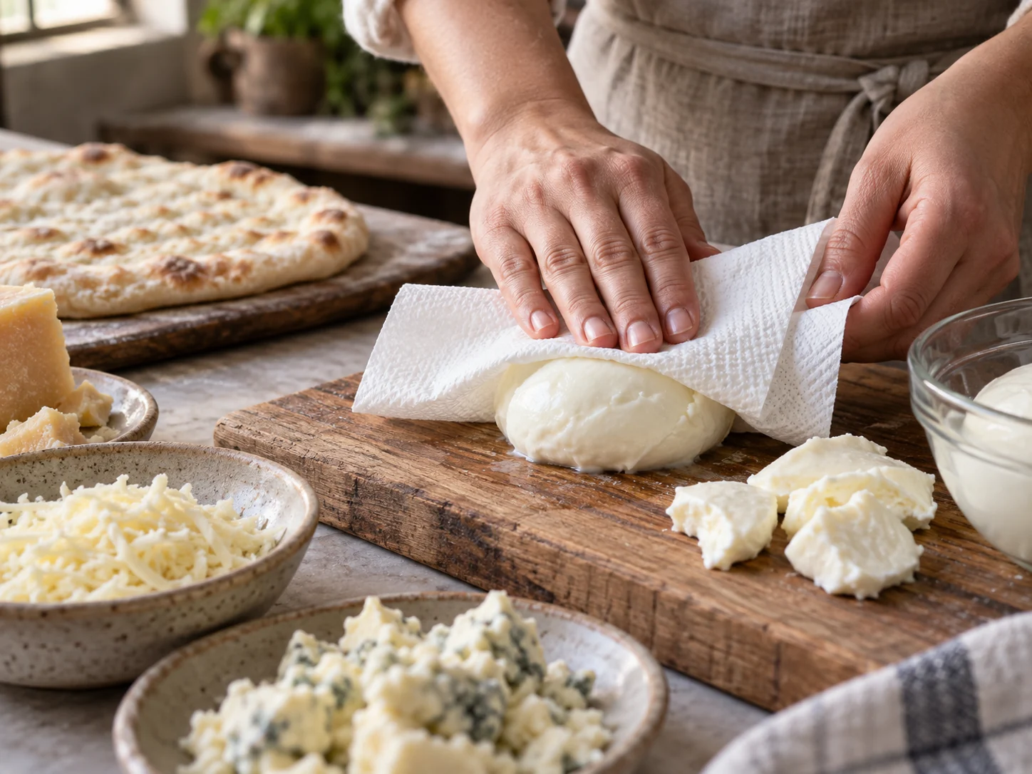 Пинса с начинкой: четыре сыра | Фото подпункта 3 | Viva Cucina Пинса с начинкой: четыре сыра: фото процесса приготовления — нарежьте, отмерьте и подготовьте ингредиенты для первого активного этапа, чтобы дальше работать без пауз
