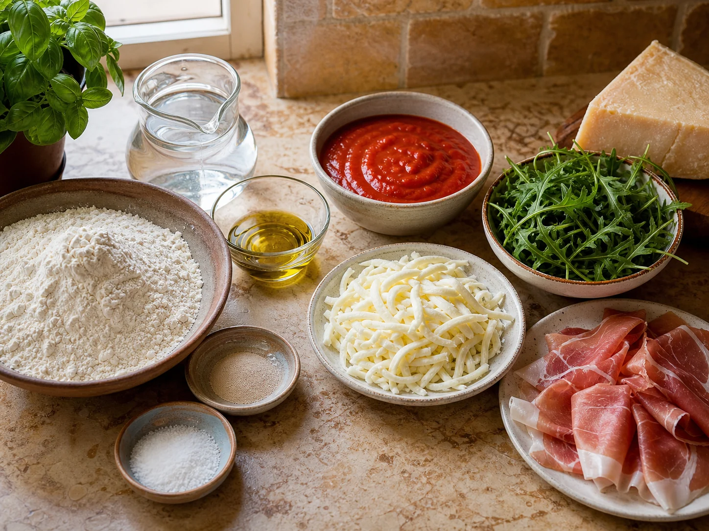 Пицца с начинкой: прошуто и руккола | Фото подпункта 1 | Viva Cucina Пицца с начинкой: прошуто и руккола: фото процесса приготовления — разложите муку, воду, дрожжи, соль, масло, пассату, моцареллу, прошутто, рукколу и пармезан