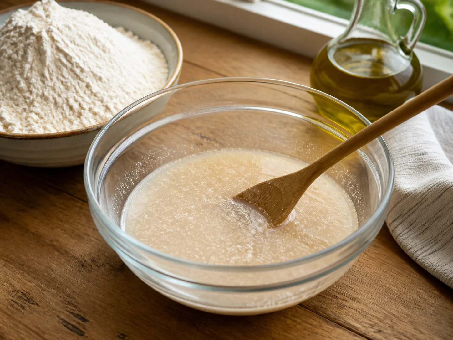 Пицца с начинкой: прошуто и руккола | Фото подпункта 2 | Viva Cucina Пицца с начинкой: прошуто и руккола: фото процесса приготовления — размешайте дрожжи в воде и соедините их с мукой