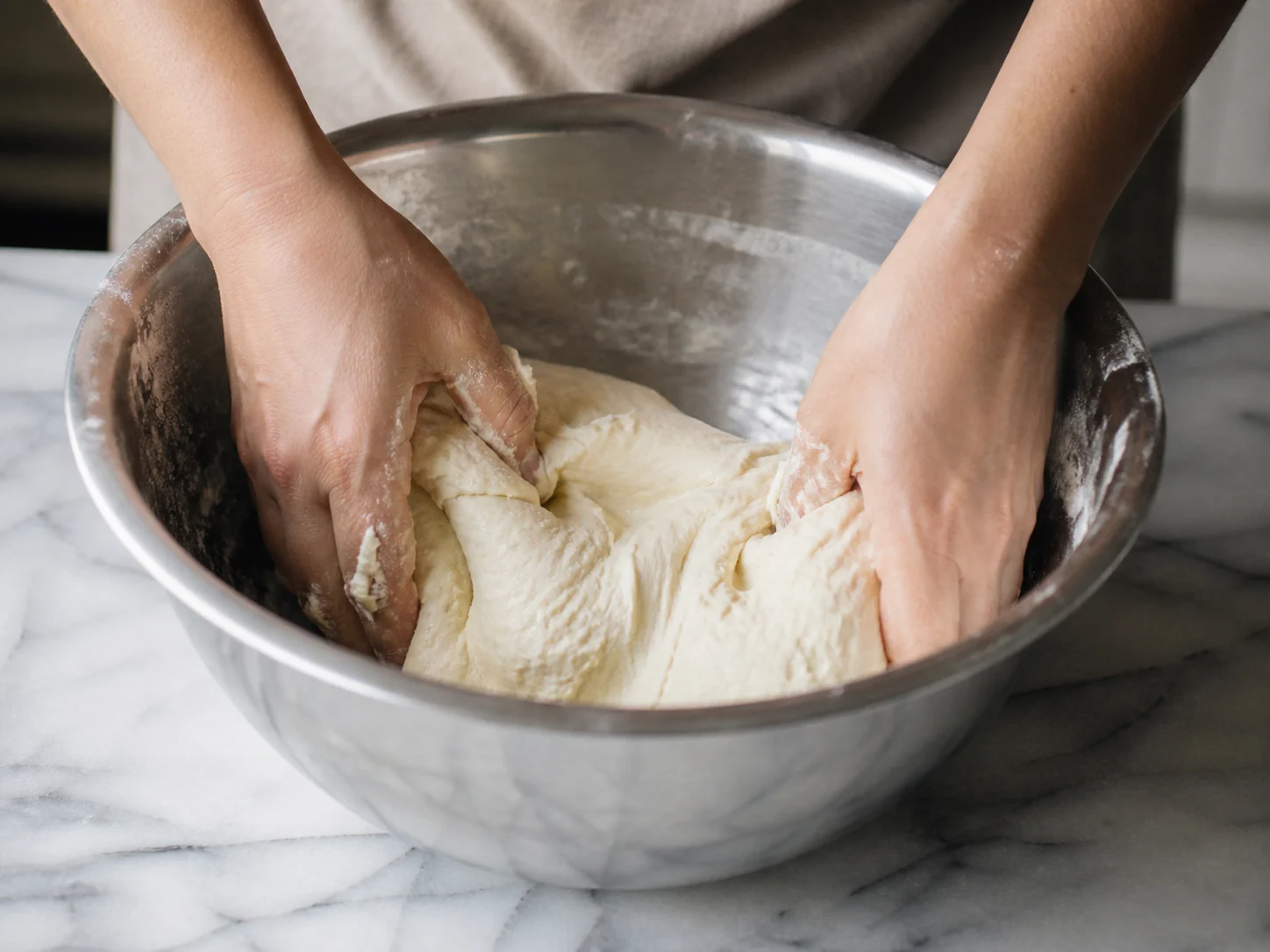 Пицца с начинкой: прошуто и руккола | Фото подпункта 3 | Viva Cucina Пицца с начинкой: прошуто и руккола: фото процесса приготовления — вмешайте соль и масло, затем соберите гладкое эластичное тесто