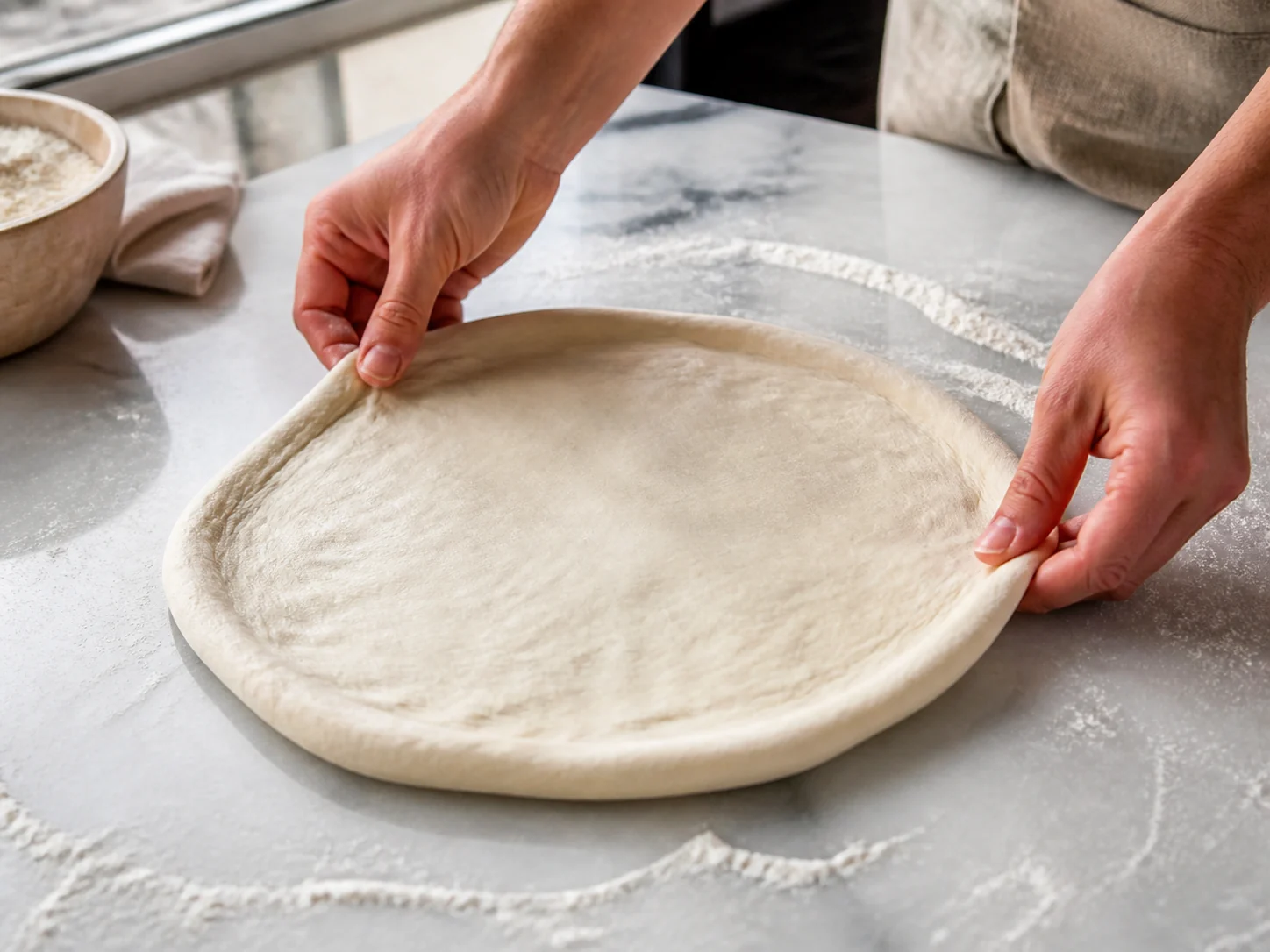 Пицца с начинкой: прошуто и руккола | Фото подпункта 7 | Viva Cucina Пицца с начинкой: прошуто и руккола: фото процесса приготовления — растяните заготовку руками в круг с более высоким чистым краем