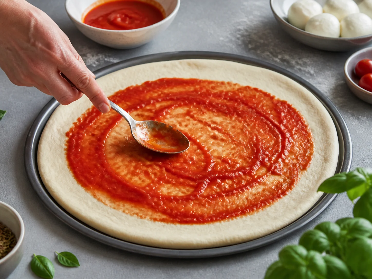 Пицца с начинкой: прошуто и руккола | Фото подпункта 8 | Viva Cucina Пицца с начинкой: прошуто и руккола: фото процесса приготовления — тонко нанесите пассату, не доходя до края