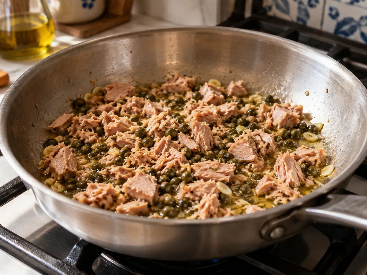 Ригатони с индейкой и соусом из тунца и каперсов | Фото подпункта 11 | Viva Cucina Ригатони с индейкой и соусом из тунца и каперсов: фото процесса приготовления — добавьте кусочки тунца и промытые каперсы, прогрейте около минуты