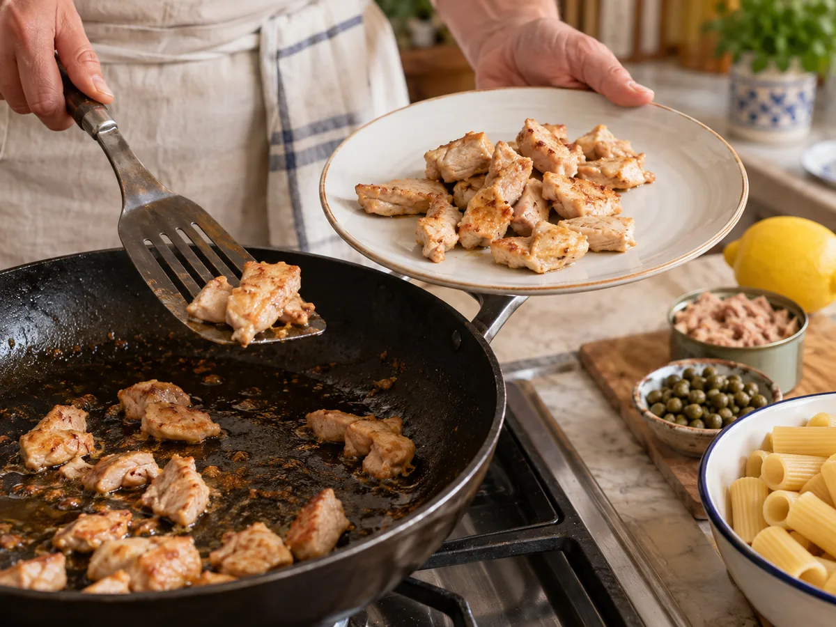 Ригатони с индейкой и соусом из тунца и каперсов | Фото подпункта 6 | Viva Cucina Ригатони с индейкой и соусом из тунца и каперсов: фото процесса приготовления — переверните и доведите индейку до полной готовности; переложите на тарелку