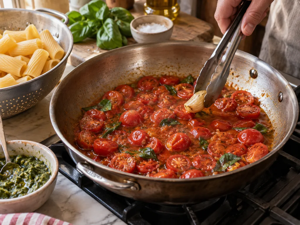 Ригатони с томатом и песто | Фото подпункта 9 | Viva Cucina Ригатони с томатом и песто: фото процесса приготовления — готовьте 8–10 минут до мягкости томатов и удалите чеснок