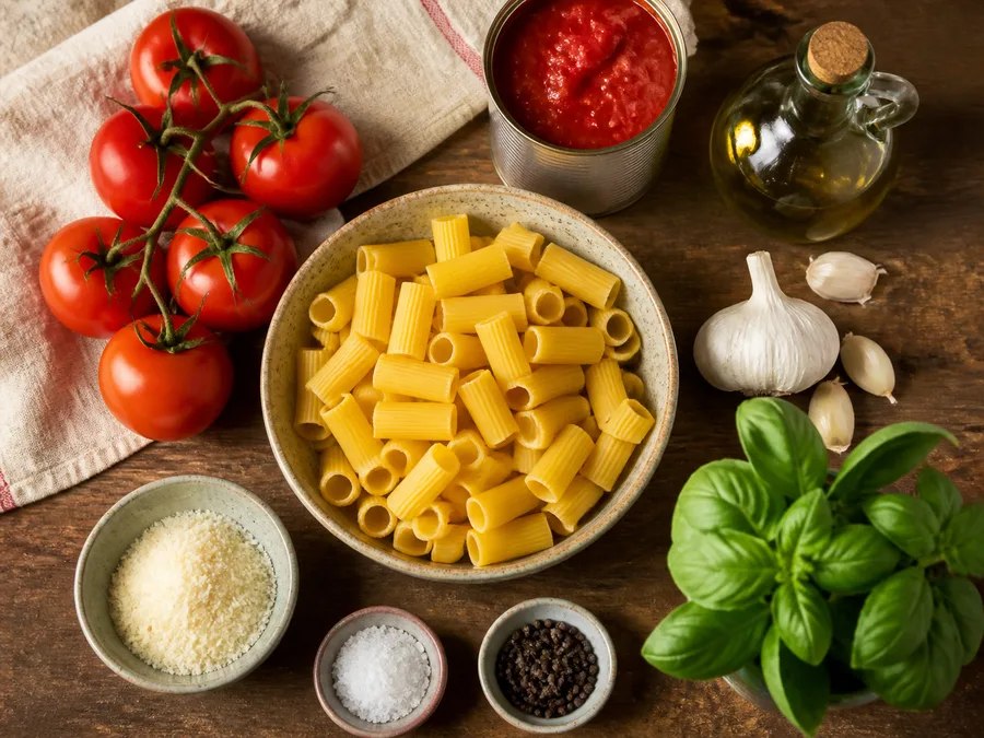 Ригатони с томатом и томатно-базиликовым соусом | Фото подпункта 1 | Viva Cucina Ригатони с томатом и томатно-базиликовым соусом: фото процесса приготовления — разложите Рикотта и Панчетта или гуанчале, соль, масло, специи и нужную посуду так, чтобы всё было под рукой до начала готовки
