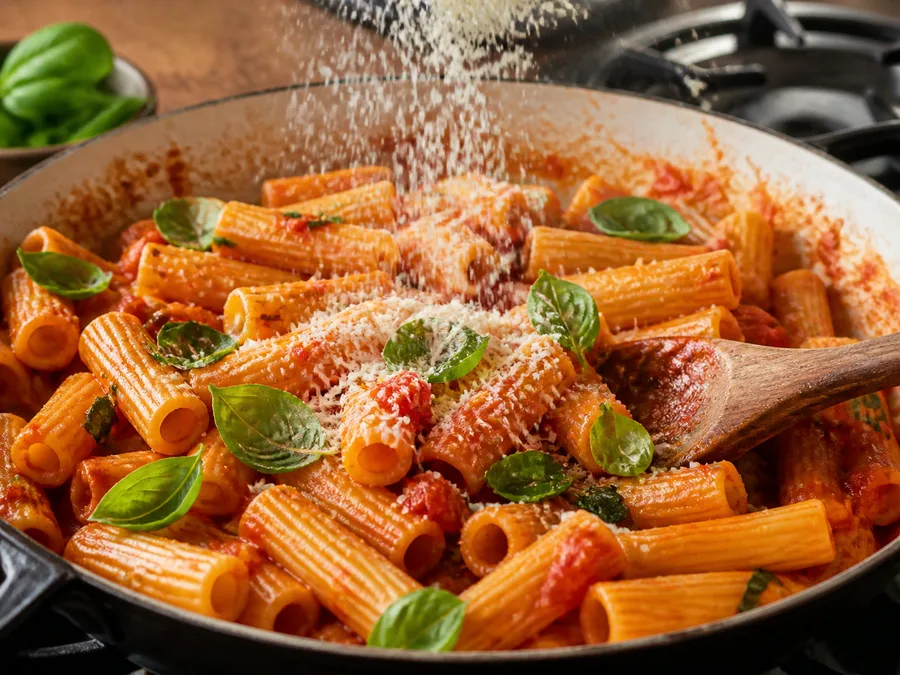 Ригатони с томатом и томатно-базиликовым соусом | Фото подпункта 12 | Viva Cucina Ригатони с томатом и томатно-базиликовым соусом: фото процесса приготовления — доведите блюдо до единой сочной текстуры, не перегревая нежные ингредиенты