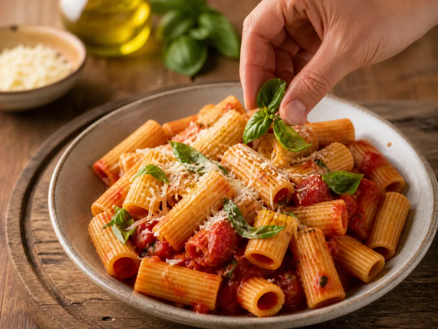 Ригатони с томатом и томатно-базиликовым соусом | Фото подпункта 14 | Viva Cucina Ригатони с томатом и томатно-базиликовым соусом: фото процесса приготовления — добавьте зелень, масло, сыр, лимон или специи только если они поддерживают основной вкус