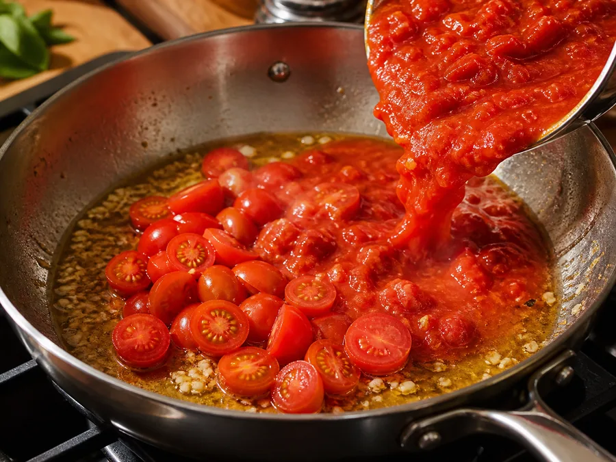 Ригатони с томатом и томатно-базиликовым соусом | Фото подпункта 4 | Viva Cucina Ригатони с томатом и томатно-базиликовым соусом: фото процесса приготовления — подготовьте основу для ригатони с томатом и томатно-базиликовым соусом: прогрейте сковороду или кастрюлю и начните с ароматных ингредиентов