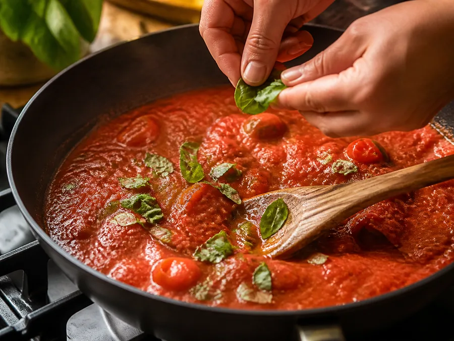 Ригатони с томатом и томатно-базиликовым соусом | Фото подпункта 5 | Viva Cucina Ригатони с томатом и томатно-базиликовым соусом: фото процесса приготовления — готовьте главный компонент этого этапа на умеренном огне, добиваясь вкуса, но не пересушивая его