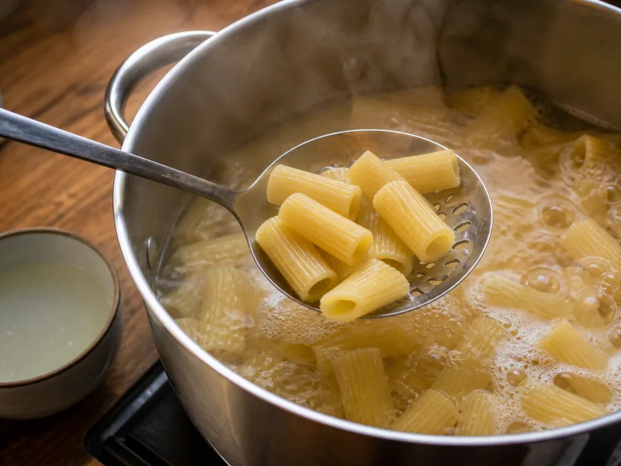 Ригатони с томатом и томатно-базиликовым соусом | Фото подпункта 8 | Viva Cucina Ригатони с томатом и томатно-базиликовым соусом: фото процесса приготовления — сохраните немного горячей воды от варки: крахмал поможет связать соус и сделать текстуру гладкой