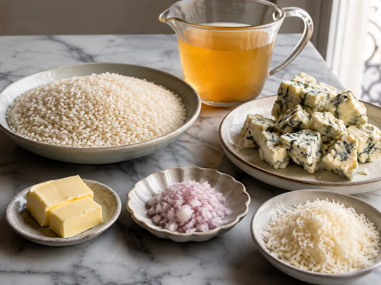 Ризотто с горгонзолой | Фото подпункта 1 | Viva Cucina Ризотто с горгонзолой: фото процесса приготовления — разложите Рис арборио, Бульон, Белое сухое вино, Сливочное масло, соль, масло, специи и нужную посуду так, чтобы всё было под рукой до начала готовки