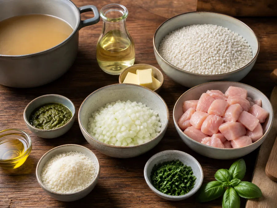 Ризотто с курицей | Фото подпункта 1 | Viva Cucina Ризотто с курицей: фото процесса приготовления — разложите Рис арборио, Бульон, Белое сухое вино, Сливочное масло, соль, масло, специи и нужную посуду так, чтобы всё было под рукой до начала готовки