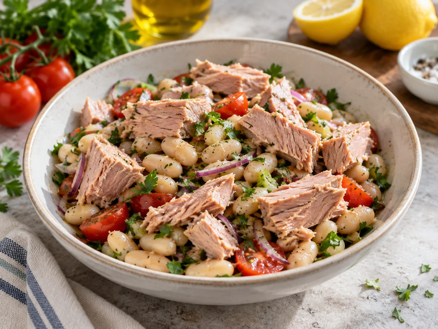 Салат с тунцом и фасолью | Фото подпункта 14 | Viva Cucina Салат с тунцом и фасолью: фото процесса приготовления — добавьте зелень, лимон или масло в самом конце, чтобы вкус остался свежим