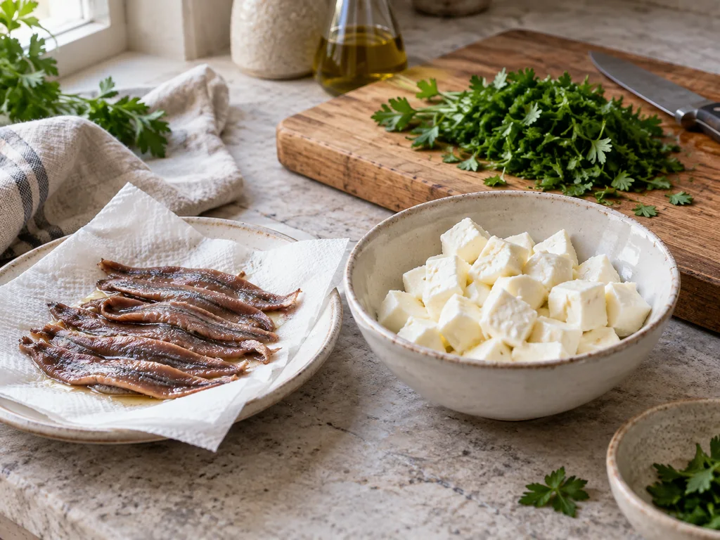 Скьяччата с начинкой: анчоусы и каперсы: фото процесса приготовления — слейте масло с анчоусов, нарежьте моцареллу мелкими кубиками и порубите петрушку