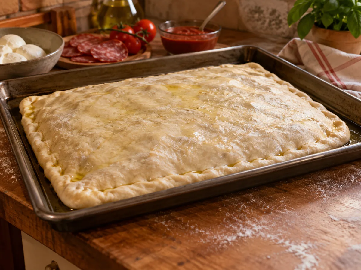 Скьяччата с начинкой: пепперони (острая салями) | Фото подпункта 10 | Viva Cucina Скьяччата с начинкой: пепперони (острая салями): фото процесса приготовления — растяните большую часть в тонкий прямоугольник и уложите в смазанную форму