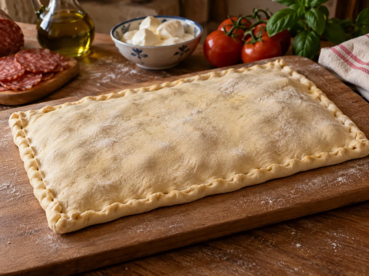 Скьяччата с начинкой: пепперони (острая салями) | Фото подпункта 12 | Viva Cucina Скьяччата с начинкой: пепперони (острая салями): фото процесса приготовления — накройте вторым пластом и тщательно защипните края