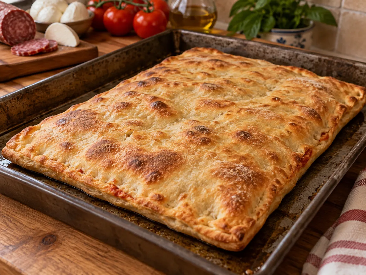 Скьяччата с начинкой: пепперони (острая салями) | Фото подпункта 14 | Viva Cucina Скьяччата с начинкой: пепперони (острая салями): фото процесса приготовления — выпекайте при 220 °C до насыщенной золотистой корочки