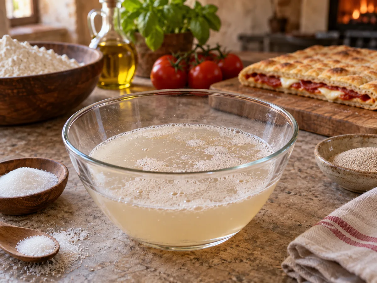 Скьяччата с начинкой: пепперони (острая салями) | Фото подпункта 2 | Viva Cucina Скьяччата с начинкой: пепперони (острая салями): фото процесса приготовления — растворите дрожжи и сахар в тёплой воде