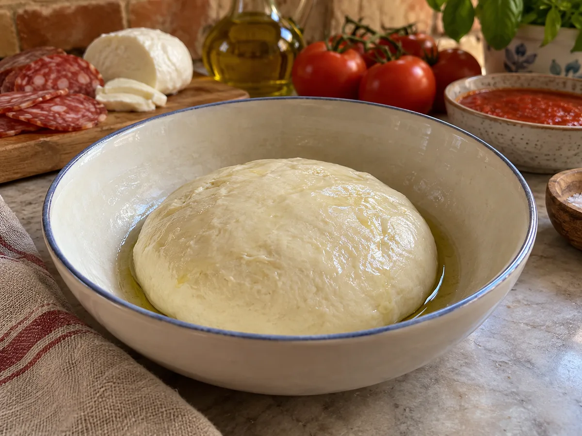 Скьяччата с начинкой: пепперони (острая салями) | Фото подпункта 4 | Viva Cucina Скьяччата с начинкой: пепперони (острая салями): фото процесса приготовления — положите тесто в смазанную маслом миску
