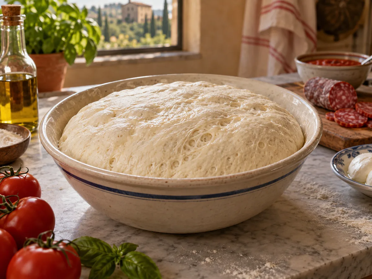 Скьяччата с начинкой: пепперони (острая салями) | Фото подпункта 6 | Viva Cucina Скьяччата с начинкой: пепперони (острая салями): фото процесса приготовления — дождитесь увеличения теста примерно вдвое