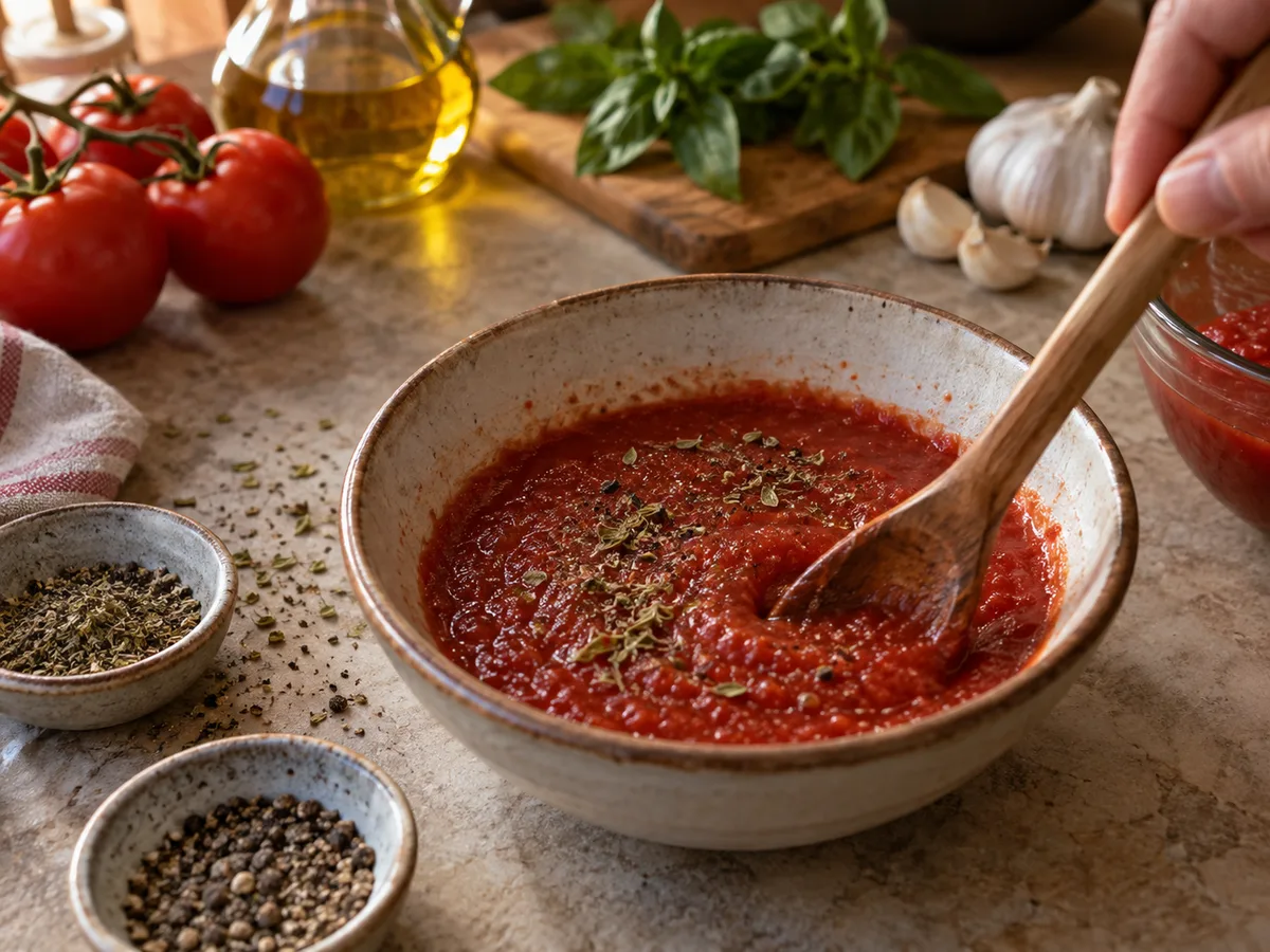Скьяччата с начинкой: пепперони (острая салями) | Фото подпункта 8 | Viva Cucina Скьяччата с начинкой: пепперони (острая салями): фото процесса приготовления — смешайте пассату с орегано и чёрным перцем