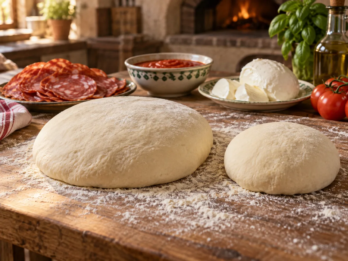 Скьяччата с начинкой: пепперони (острая салями) | Фото подпункта 9 | Viva Cucina Скьяччата с начинкой: пепперони (острая салями): фото процесса приготовления — разделите тесто на большую нижнюю и меньшую верхнюю части