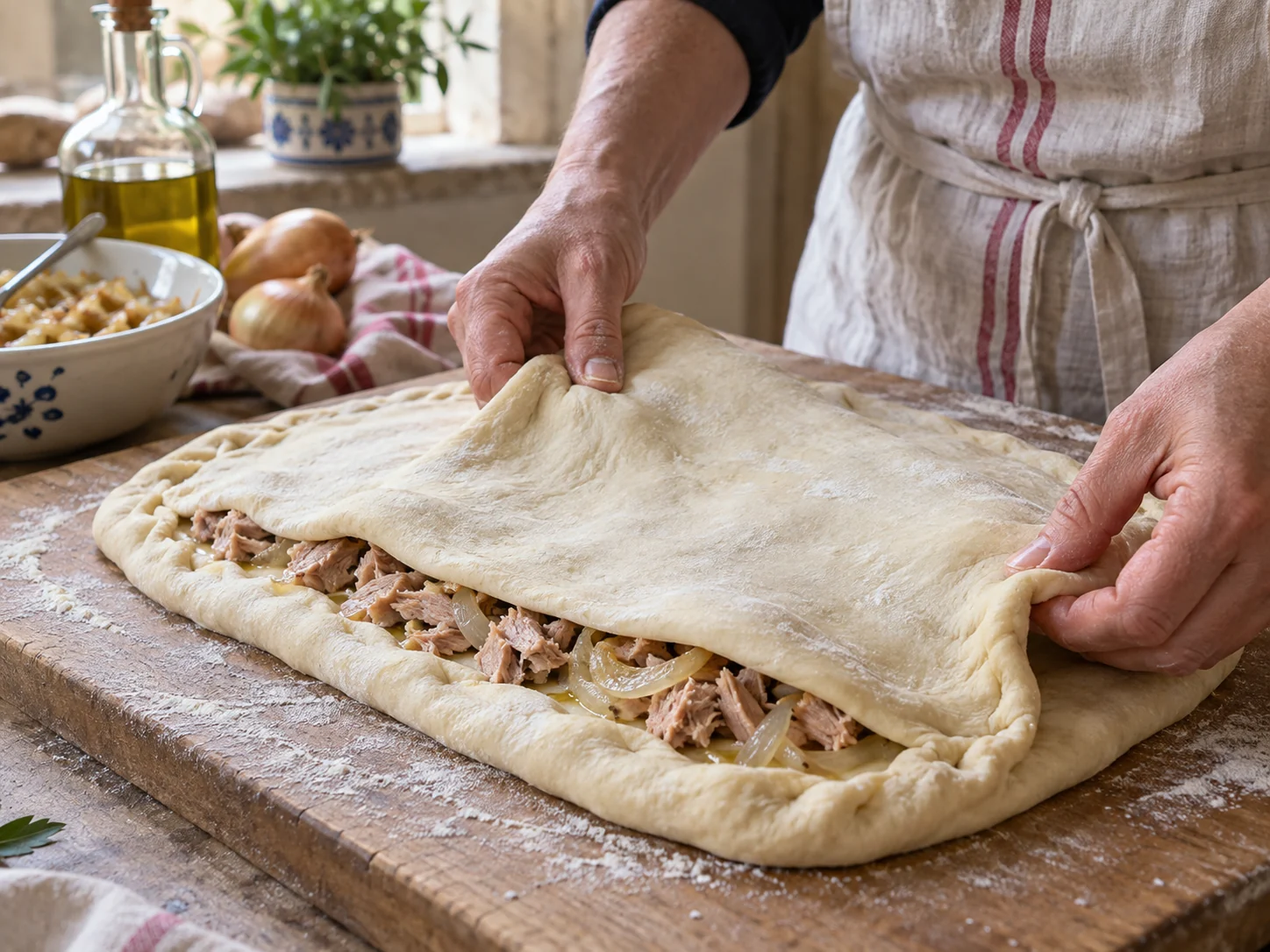 Скьяччата с начинкой: тунец и лук: фото процесса приготовления — перед выпечкой проверьте, что поверхность покрыта равномерно и заготовка легко перенесётся в духовку