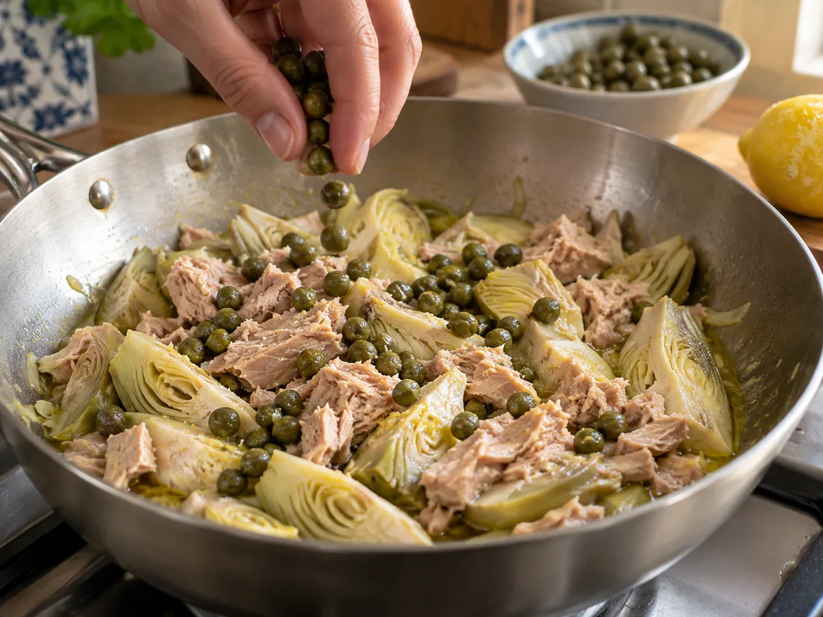 Спагетти с артишоками и соусом из тунца и каперсов | Фото подпункта 11 | Viva Cucina Спагетти с артишоками и соусом из тунца и каперсов: фото процесса приготовления — всыпьте промытые каперсы и осторожно перемешайте