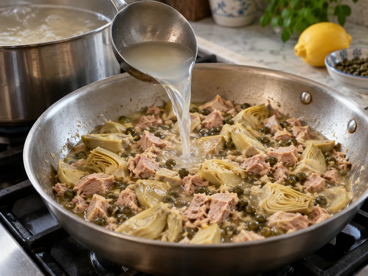Спагетти с артишоками и соусом из тунца и каперсов | Фото подпункта 12 | Viva Cucina Спагетти с артишоками и соусом из тунца и каперсов: фото процесса приготовления — влейте немного воды от пасты и прогрейте одну минуту