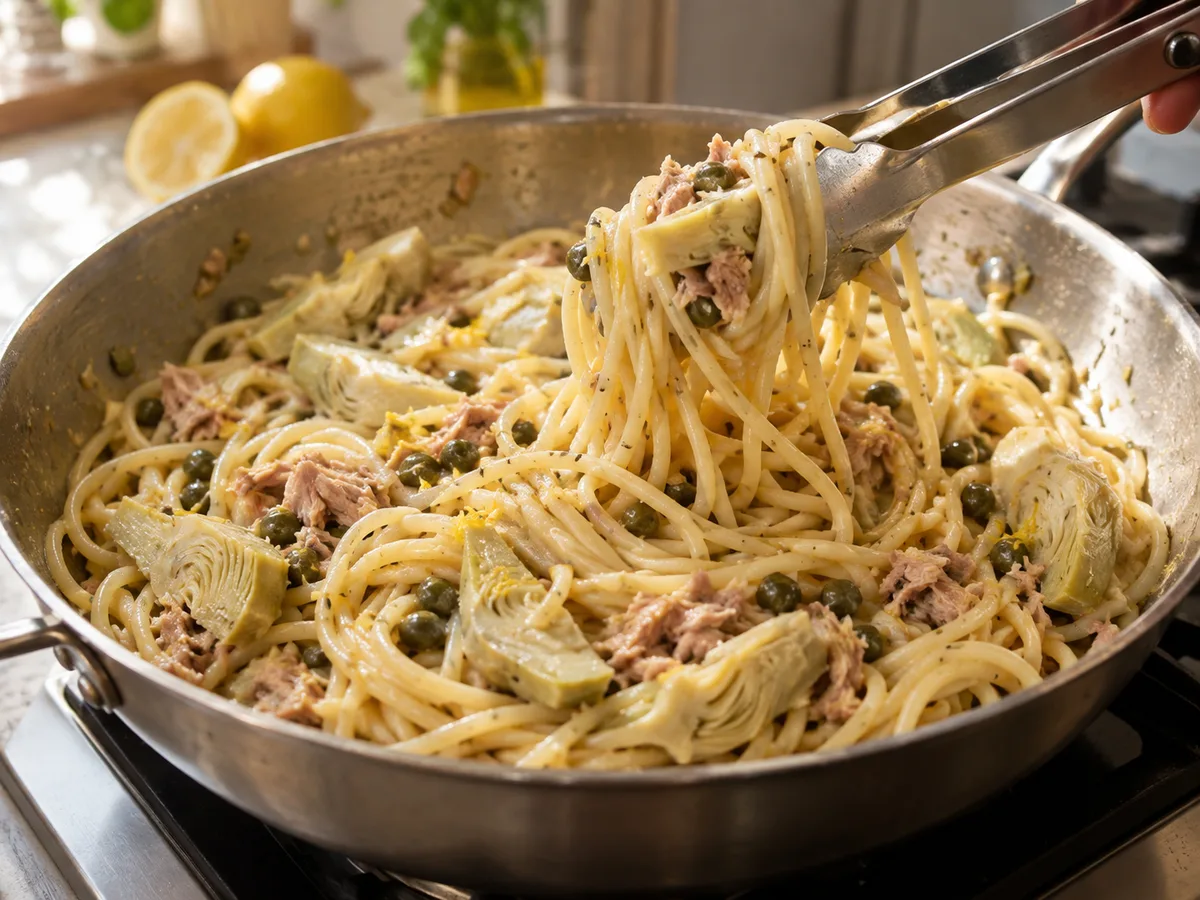 Спагетти с артишоками и соусом из тунца и каперсов | Фото подпункта 14 | Viva Cucina Спагетти с артишоками и соусом из тунца и каперсов: фото процесса приготовления — перемешайте щипцами, при необходимости добавьте воды от варки